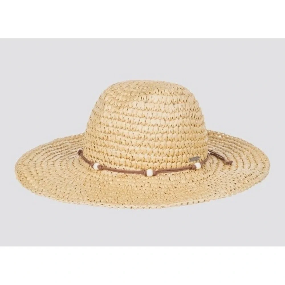 New Roxy Womens M/L Cherish Summer Natural Straw Sun Hat Beads Beach Boho